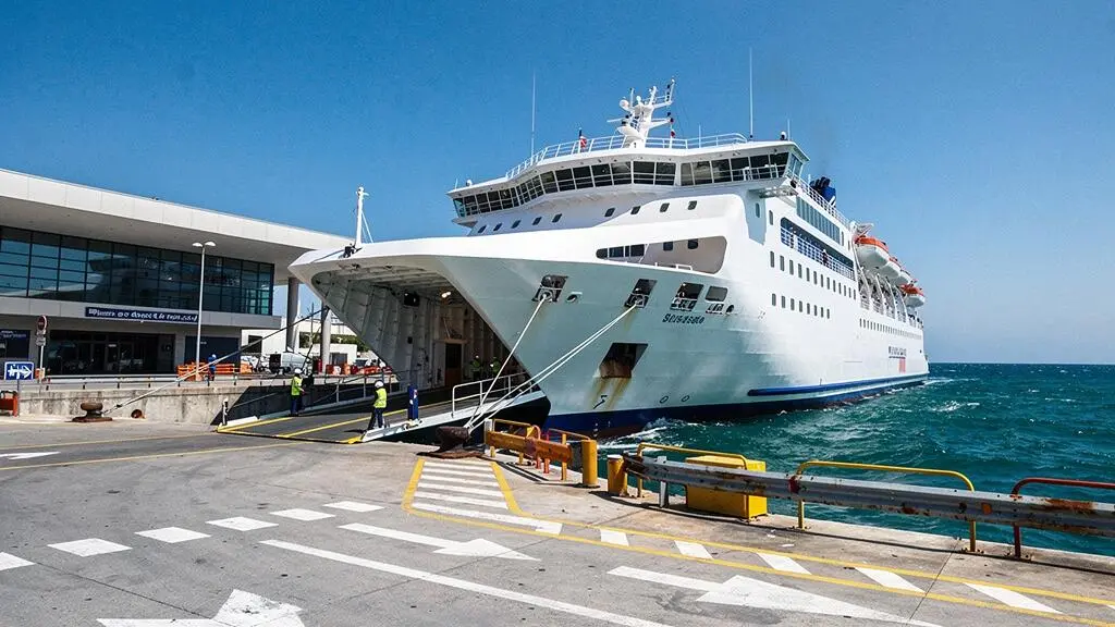 Moderne Autofähre liegt am Mittelmeerhafen mit heruntergelassener Verladerampe