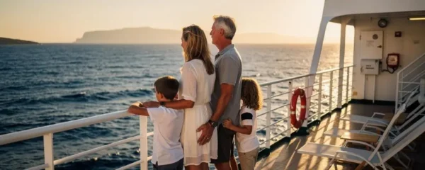 Familie steht an der Reling eines Autofahrschiffs während einer Mittelmeerüberfahrt nach Korsika