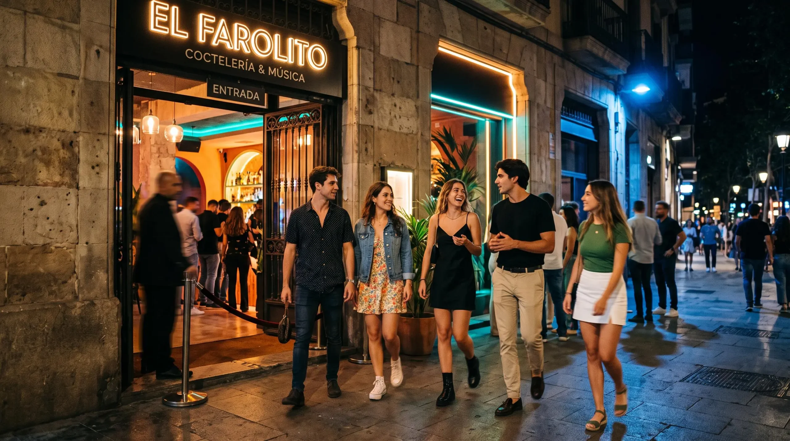 Gruppe junger Leute beim Betreten eines Clubs in Barcelona bei Nacht