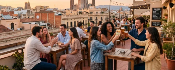 Gruppe junger Erwachsener auf einer Dachterrasse in Barcelona bei Sonnenuntergang mit erhobenen Gläsern