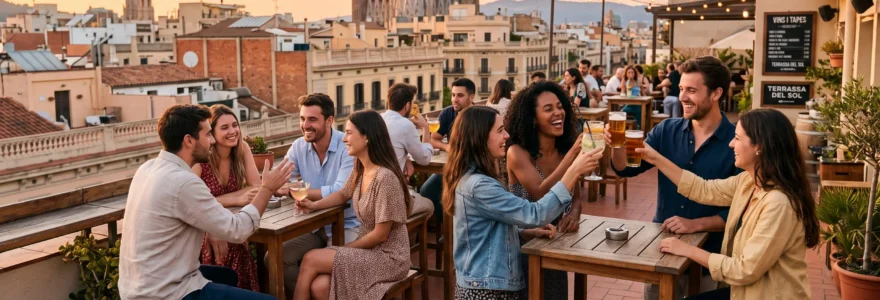 Gruppe junger Erwachsener auf einer Dachterrasse in Barcelona bei Sonnenuntergang mit erhobenen Gläsern