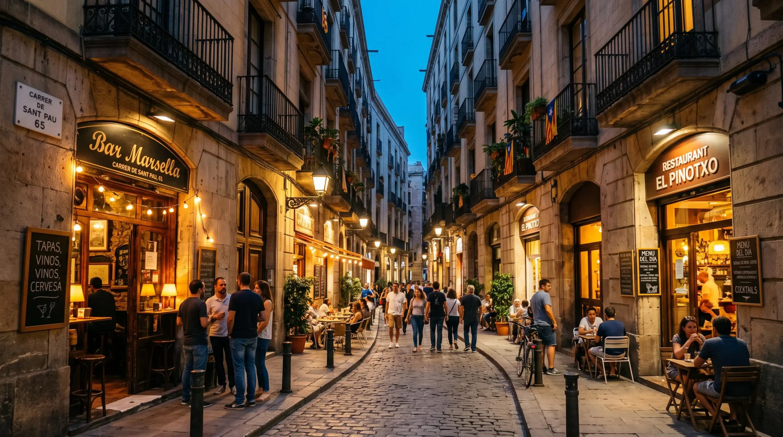 Belebte Gasse im Ausgehviertel von Barcelona zur blauen Stunde mit beleuchteten Bars und Restaurants