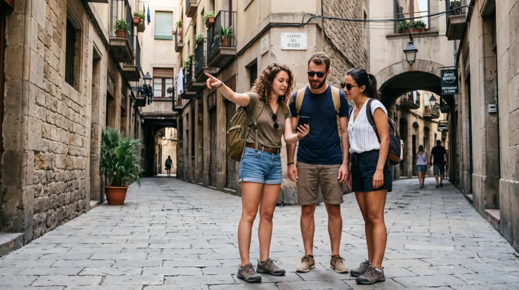 Drei junge Reisende prüfen gemeinsam ein Smartphone in einer Gasse im Gotischen Viertel von Barcelona Drei junge Reisende prüfen gemeinsam ein Smartphone in einer Gasse im Gotischen Viertel von Barcelona