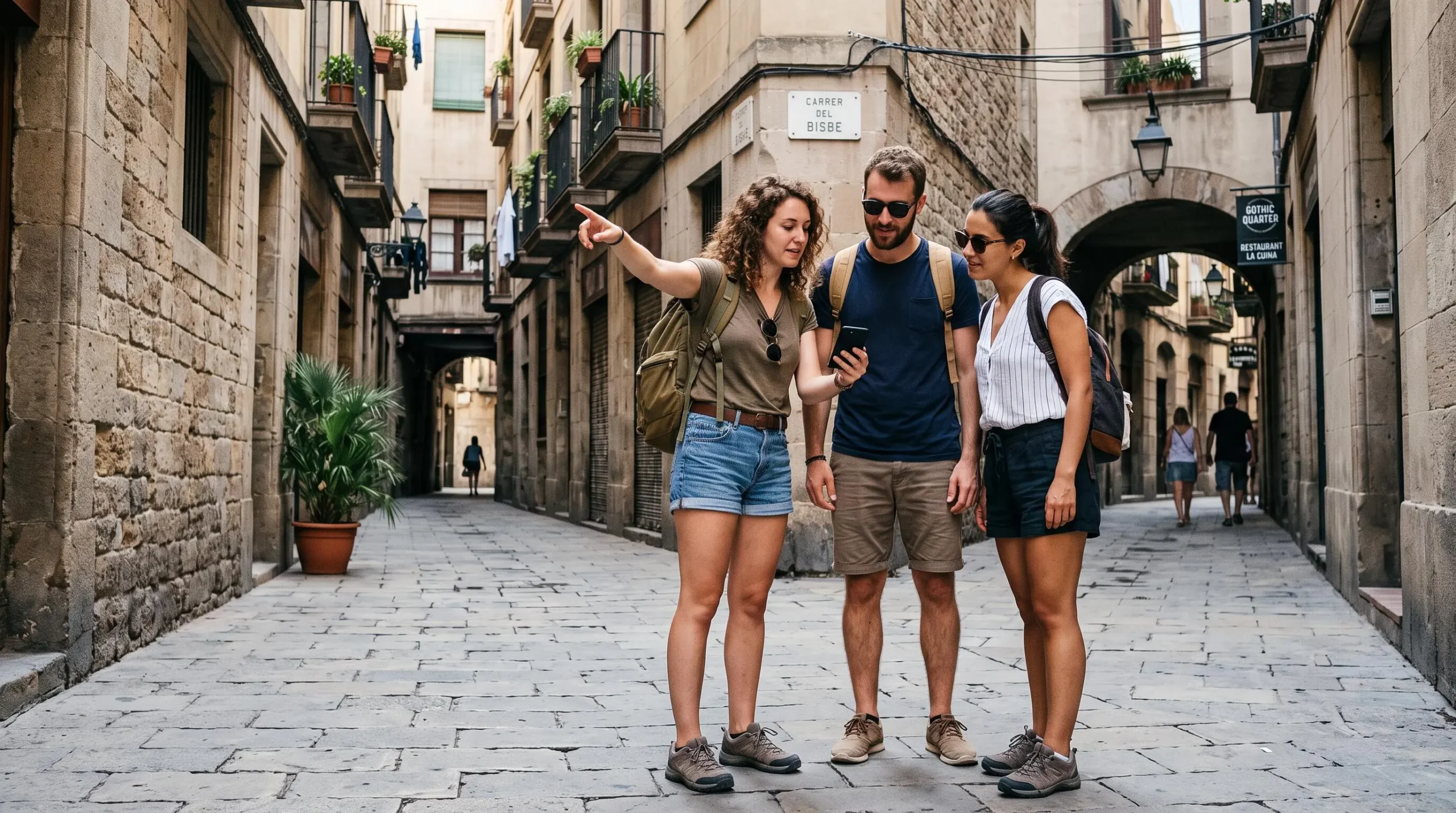 Drei junge Reisende prüfen gemeinsam ein Smartphone in einer Gasse im Gotischen Viertel von Barcelona